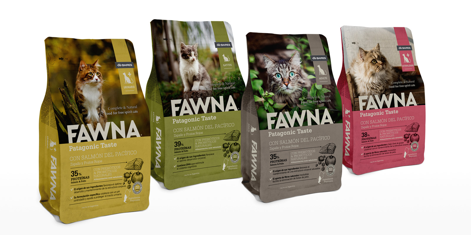 Tridimage diseño de packaging línea alimento para gatos marca Fawna
