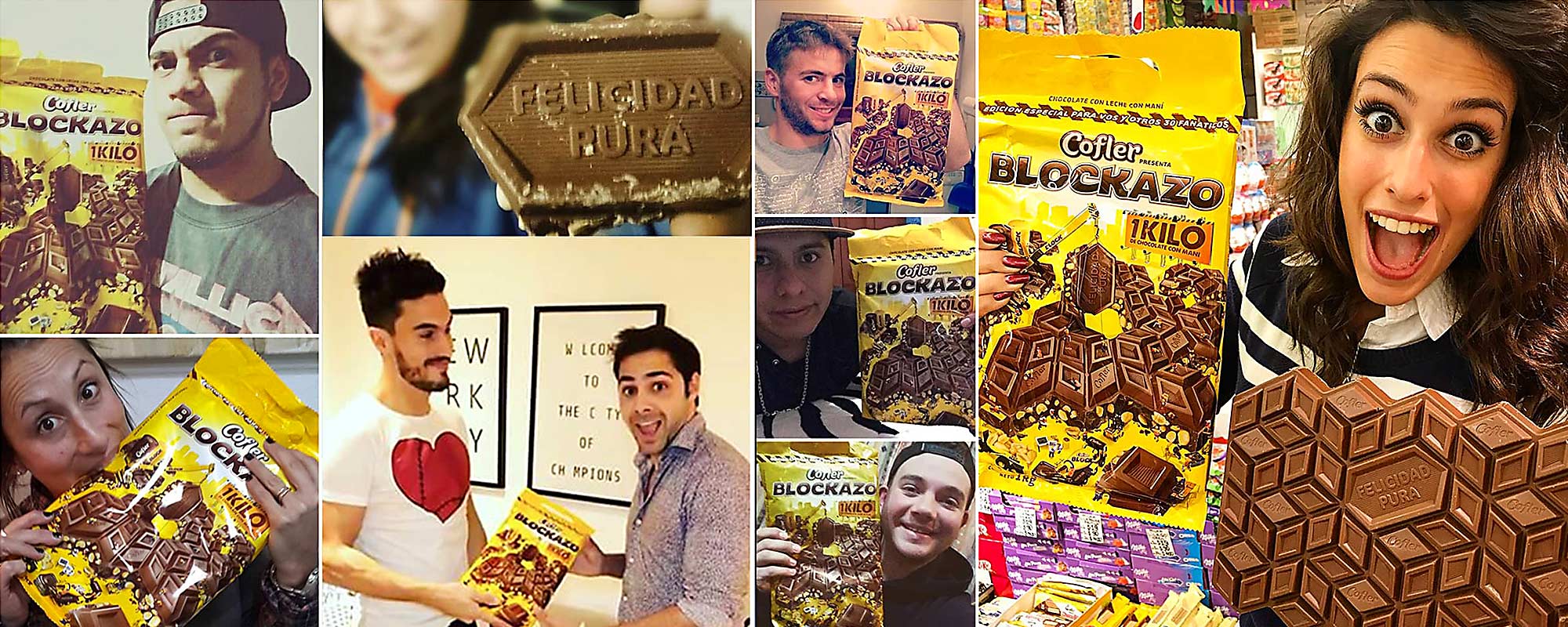 Collage de fotos de personas con chocolate Blockazo de Cofler diseño gráfico de packaging por Tridimage.