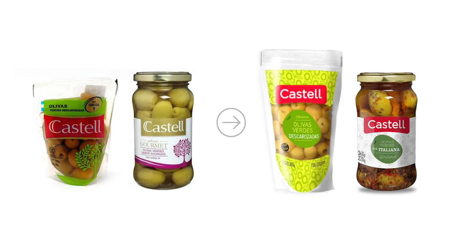 Antes y después del diseño de envase para olivas Castell, nuevo diseño por Tridimage.