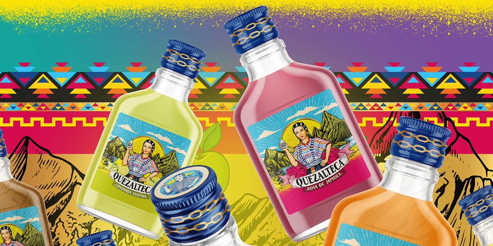 Composición de varias botellas de aguardiente Quezalteca flotando sobre un patrón tradicional de Guatemala, rediseño de packaging por Tridimage.