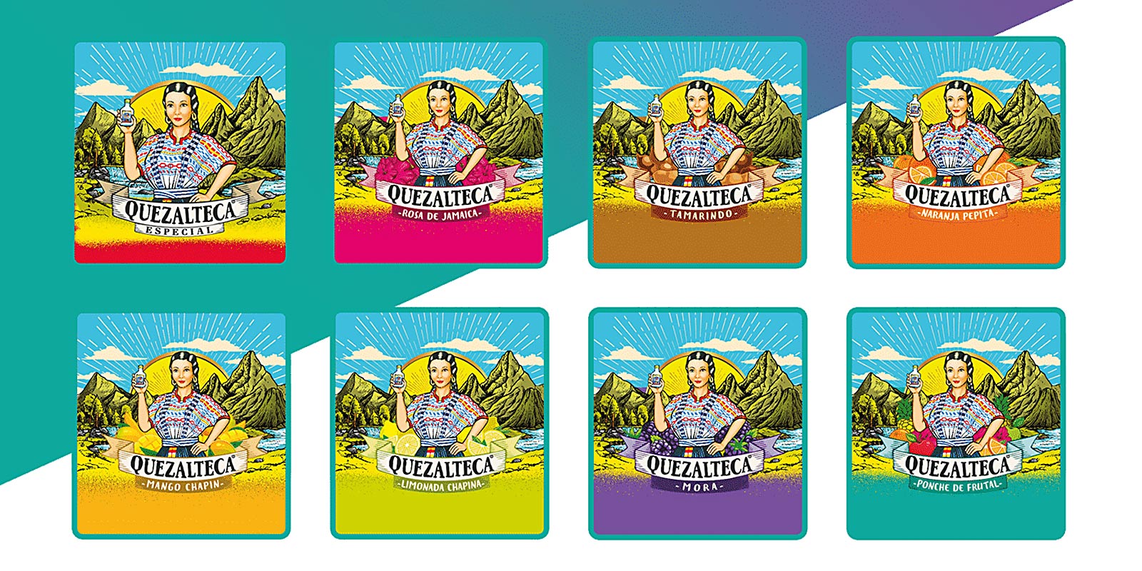 Mosaico de etiquetas para aguardiente saborizada Quezalteca, rediseño por Tridimage.