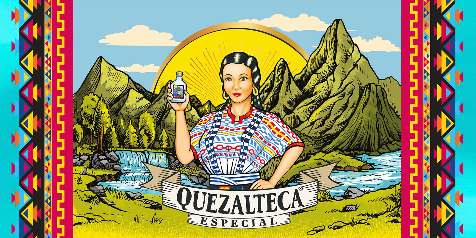 Ilustración de mujer con traje típico de Guatemala sobre fondo de montañas, símbolos de la marca Quezalteca, rediseño por Tridimage.