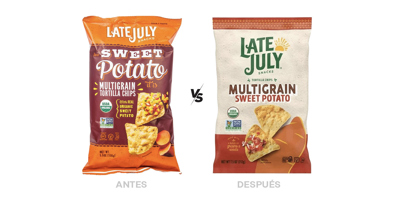 Antes y después del diseño de packaging para snacks de batata marca Late July. Cortesía Designalytics.com