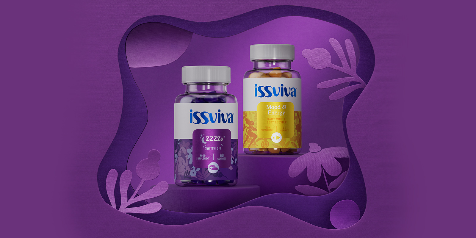 Dos frascos de vitaminas marca Issviva en un set que simula estar hecho con recortes de papel. Diseño de etiquetas por Tridimage.