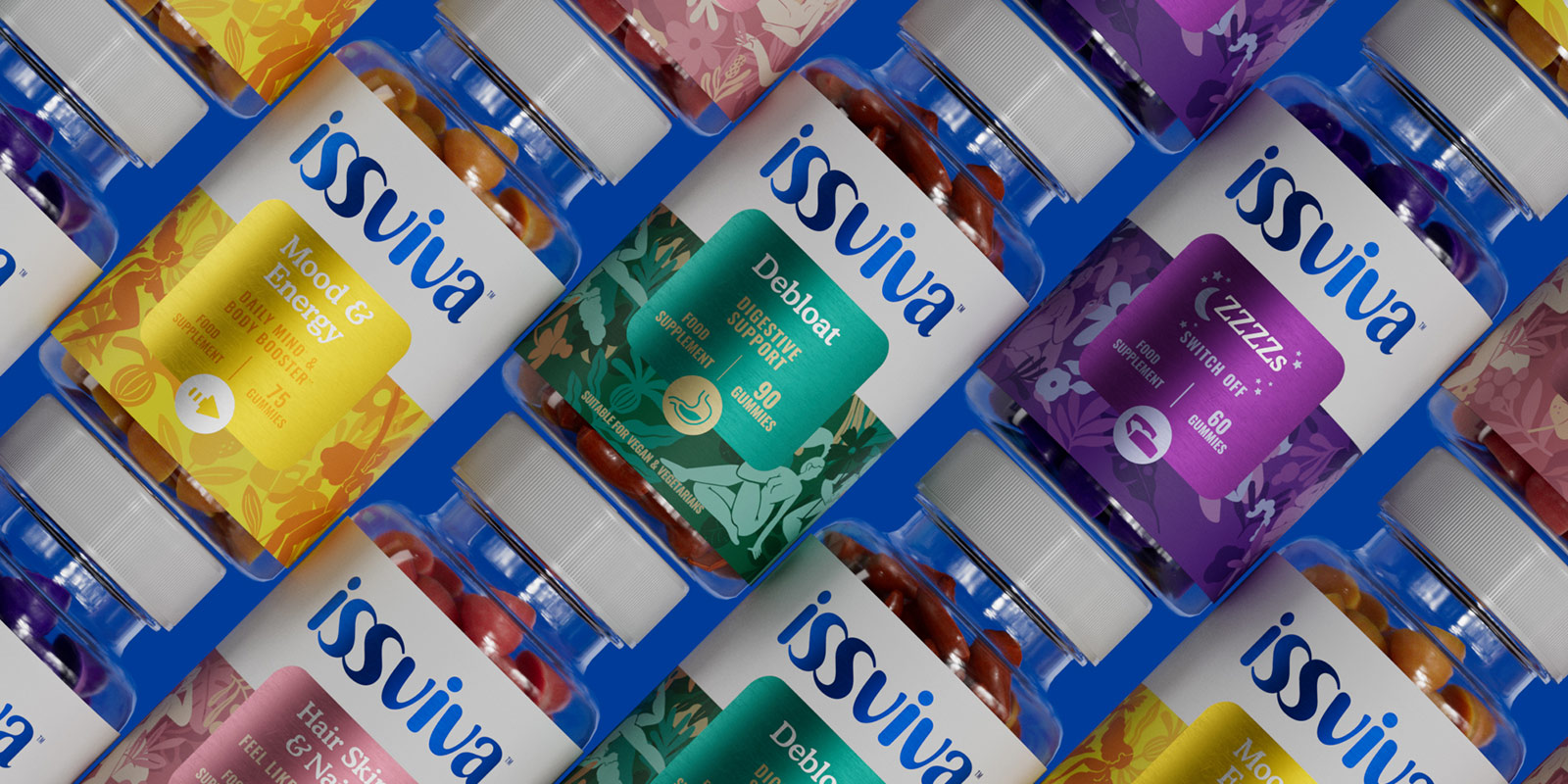 Línea completa de diseño de etiquetas para frascos de vitaminas y suplementos Issviva por Tridimage.