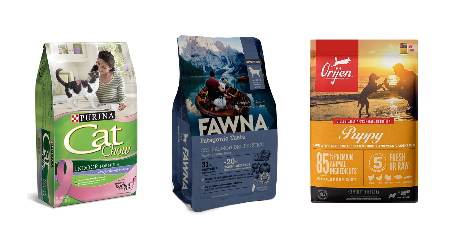 Tres bolsas de alimento para mascotas marcas Purina Cat Chow Indoor Formula, Fawna Patagonic Taste Adulto para Perros y Orijen Puppy. Diseño de packaging basado en la estrategia de cautivar desde el vínculo humano-mascota.