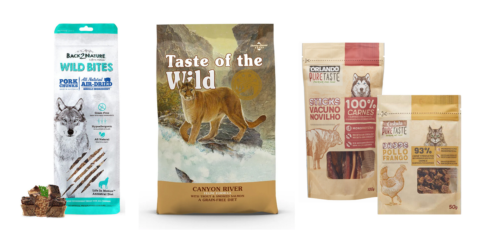 Cuatro empaques de alimento para mascotas marcas Back2Nature WildBites Pork Chunks, Taste of the Wild Canyon River, Orlando PureTaste Sticks Vacuno y Coshida PureTaste Drops Pollo. Diseño de packaging basado en la estrategia de apelar a lo prehistórico.