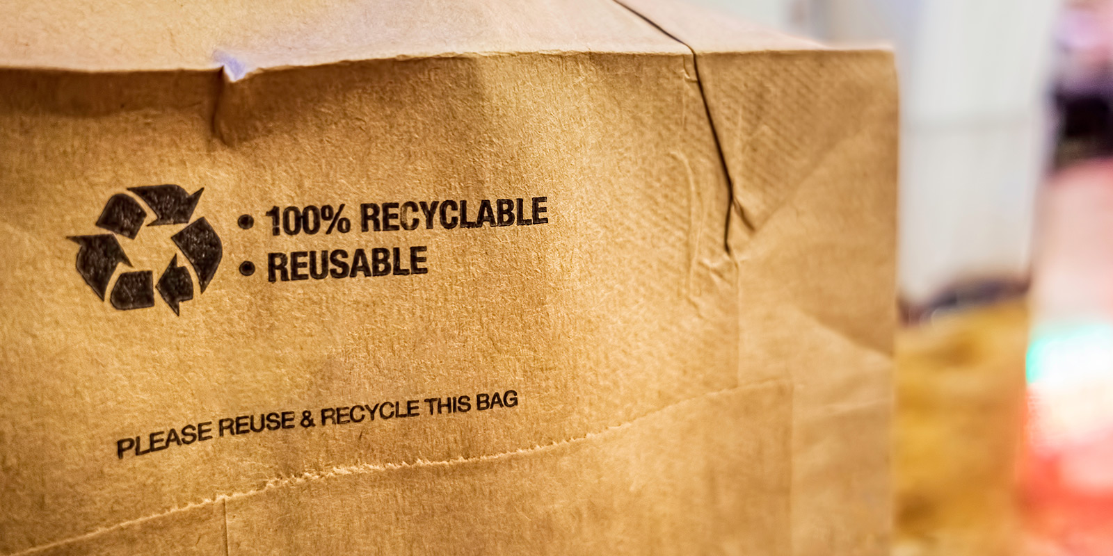 Close-up de bolsa de papel kraft con sello 100% reciclable y reutilizable.