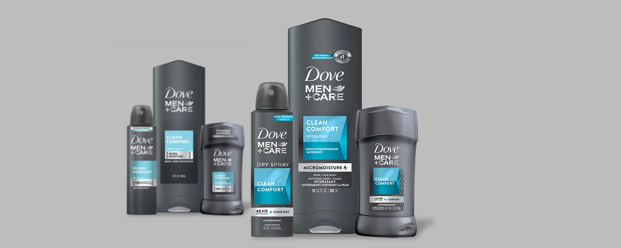 Antes y después del rediseño de packaging de la línea Dove Men+Care.