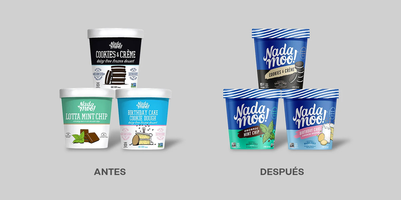 Antes y después del rediseño de packaging de los helados plant-based Nada Moo!. El nuevo envase muestra un logo con mayor presencia, el azul como color marcario unificado y divertidas ilustraciones para indicar el sabor.