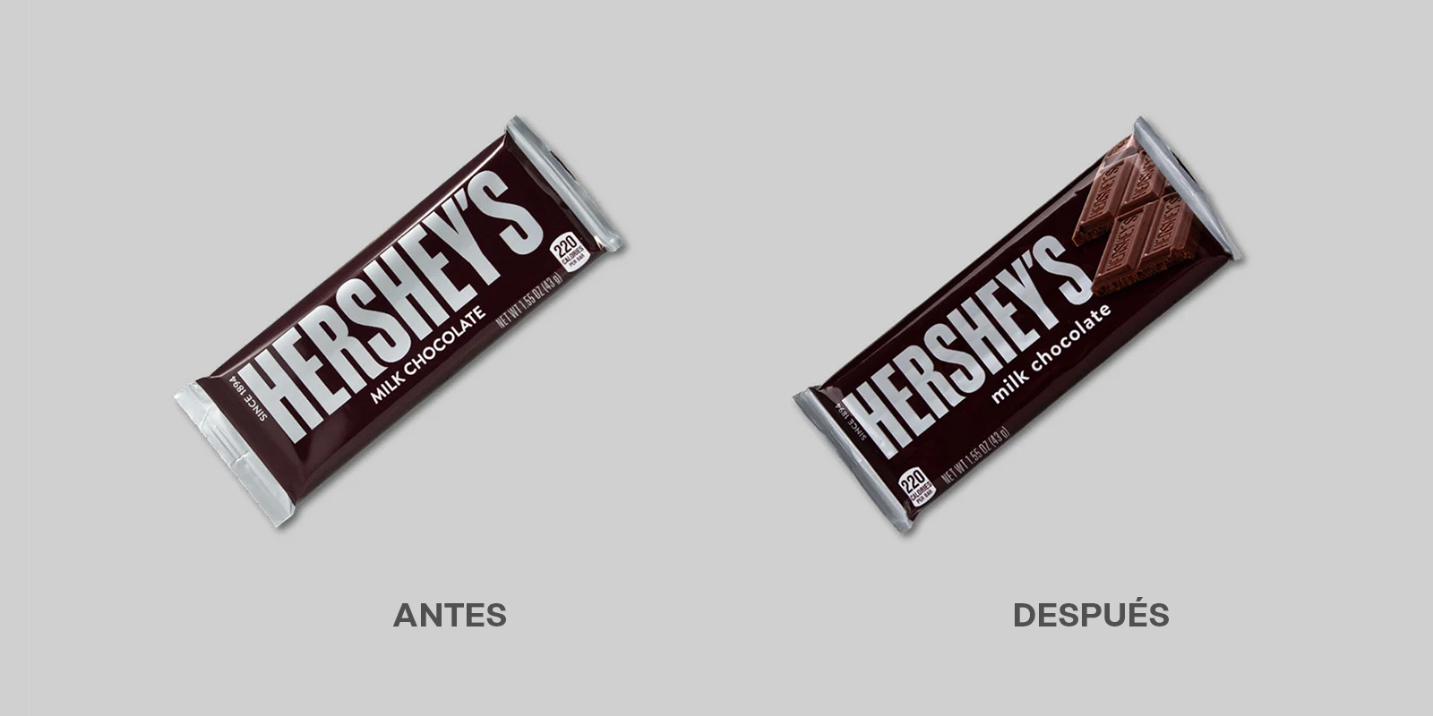 Antes y después del rediseño de packaging de los chocolates Hershey 's. El nuevo envase muestra una imagen apetitosa de una barra de chocolate asomando al costado del logo.