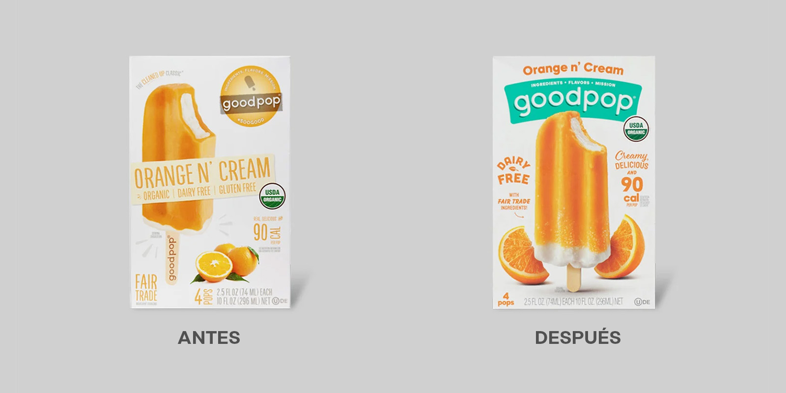 Antes y después del rediseño de logo y packaging de los helados Good Pop. El nuevo envase muestra una imagen más apetitosa de una paleta helada de naranja y crema, mejor jerarquía de la información y el logo con mayor presencia.