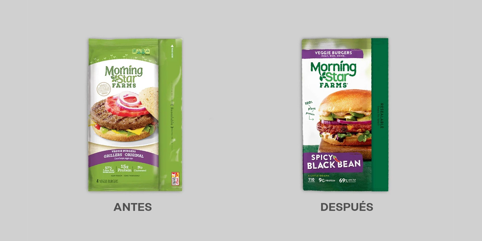 Antes y después del rediseño de logo y packaging de las hamburguesas vegetarianas Morning Star Farms. El nuevo envase muestra una imagen más apetitosa de una hamburguesa completa y una mención clara del sabor.