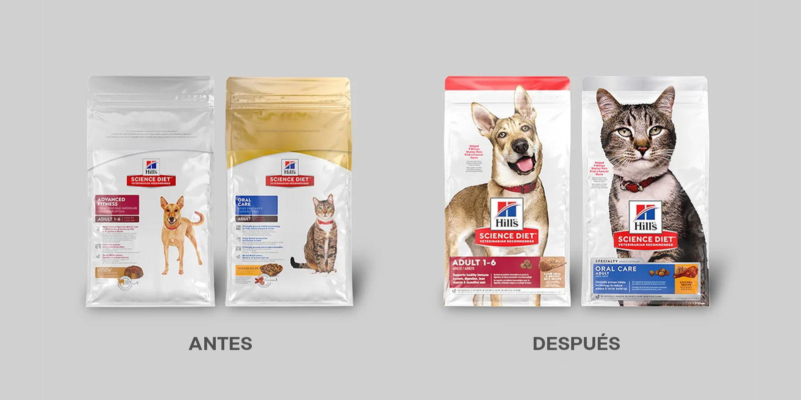 Antes y después del rediseño de packaging del alimento para mascotas Hill's Science Diet. El nuevo envase muestra imágenes más grandes y simpáticas de perros y gatos y un orden más claro de la información.
