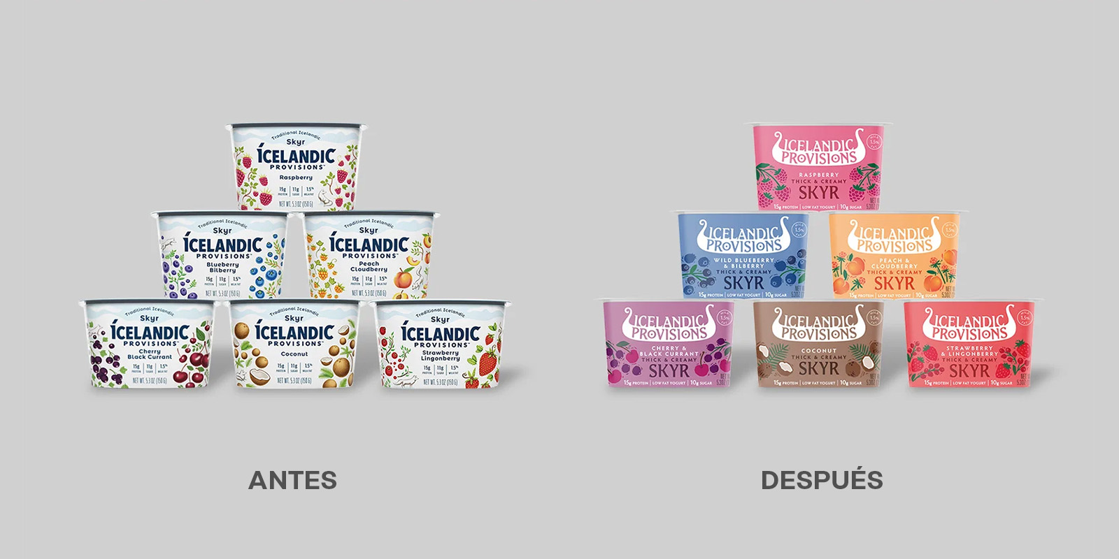 Antes y después del rediseño de packaging y logo del yogurt Icelandic Provisions. El nuevo envase muestra un logo con más personalidad, colores que identifican los sabores con más claridad y nuevas ilustraciones.