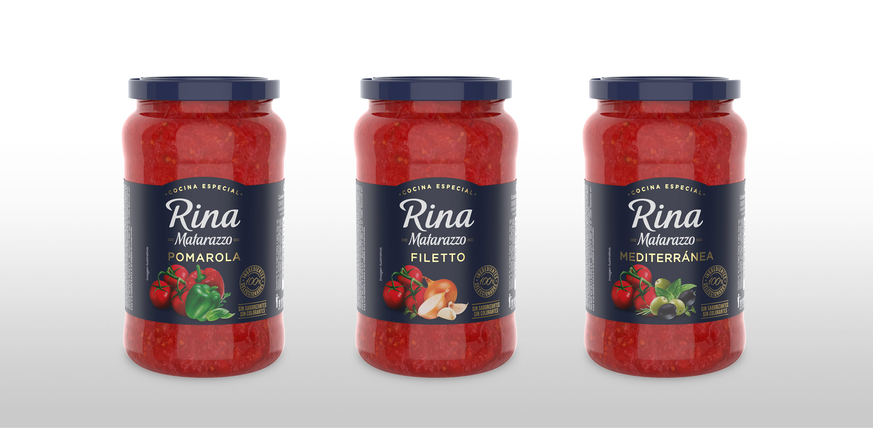 Tres frascos de salsas Rina Matarazzo, diseño de etiquetas por Tridimage