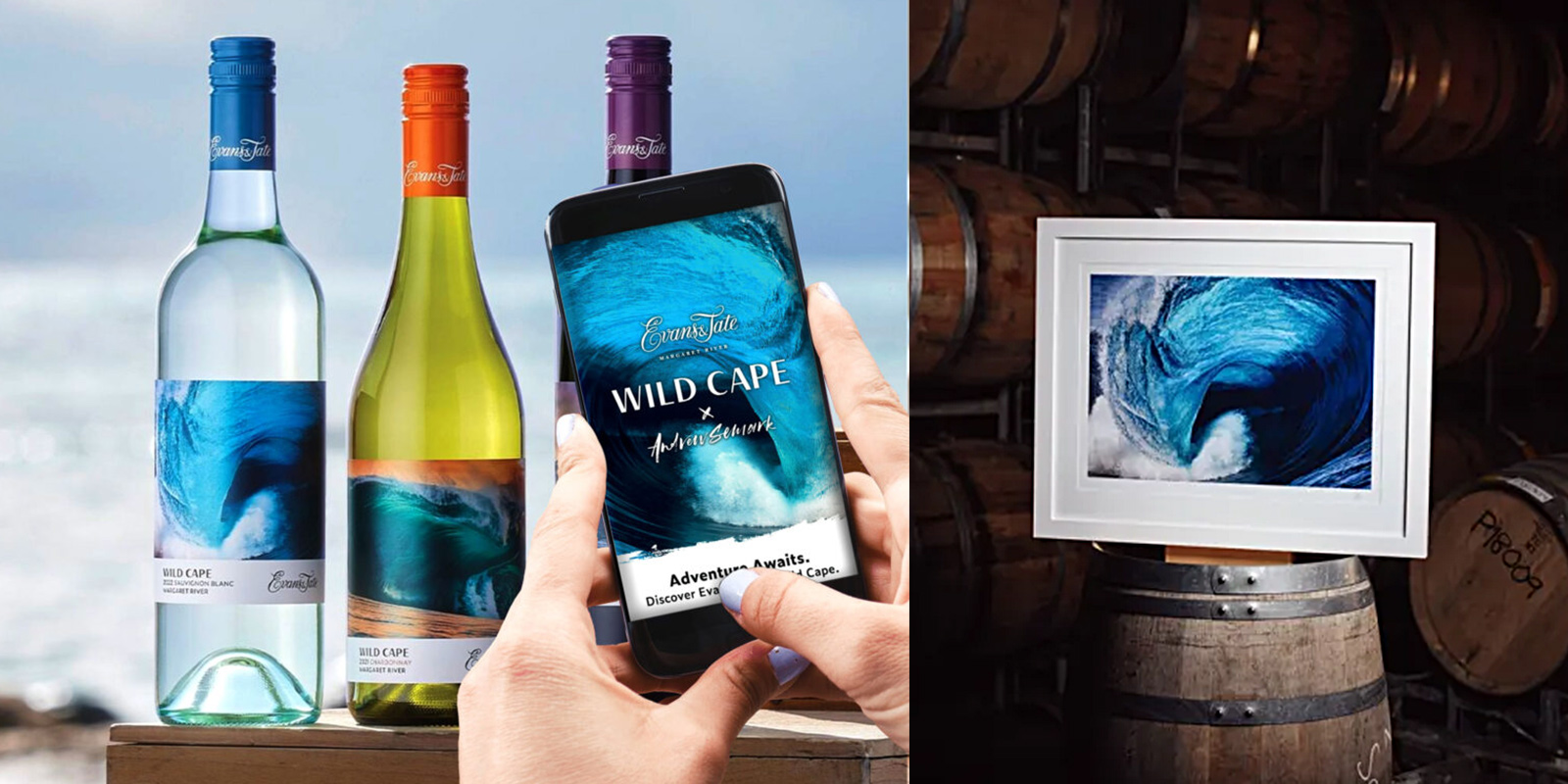 Acercamiento a manos de mujer escaneando con un smartphone etiquetas de vino con fotografías artísticas. En la pantalla se ve una app vinculada a las fotografías.