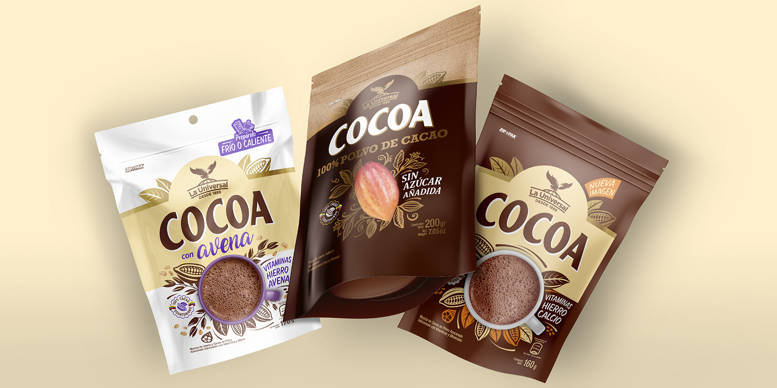 Tres empaques de cacao en polvo Cocoa La Universal. Diseño por Tridimage.