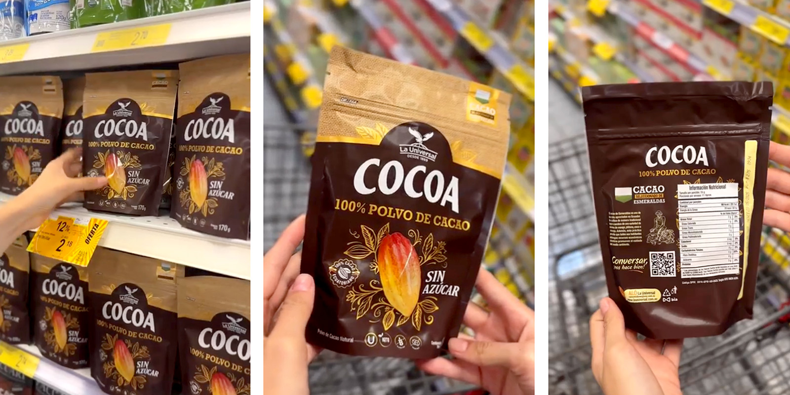 Tres fotos de packaging de cacao en polvo Cocoa La Universal exhibido por una compradora en el supermercado. Diseño por Tridimage.