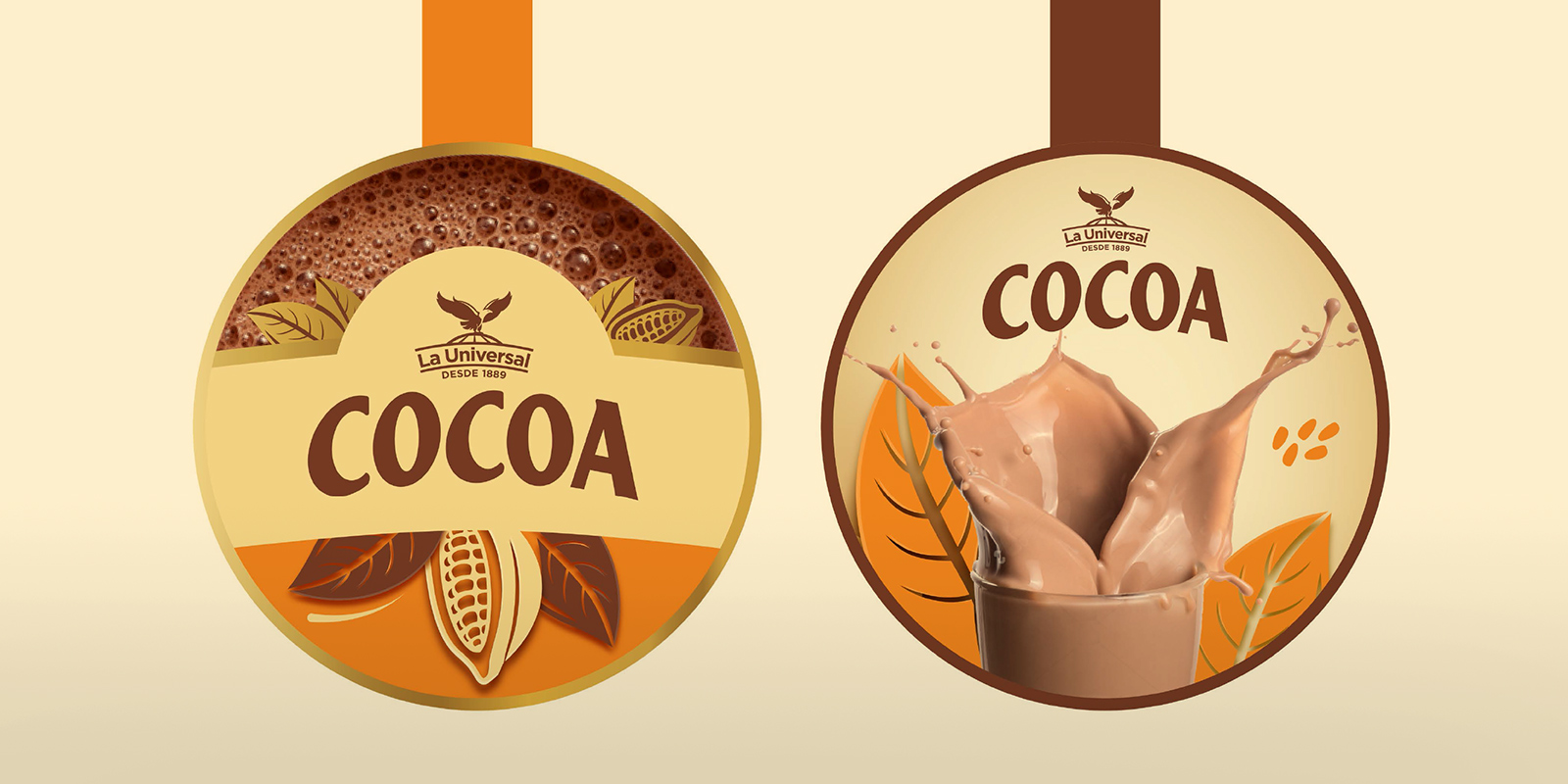 Diseño de carteles colgantes de Cocoa La Universal para punto de venta. Diseño por Tridimage.