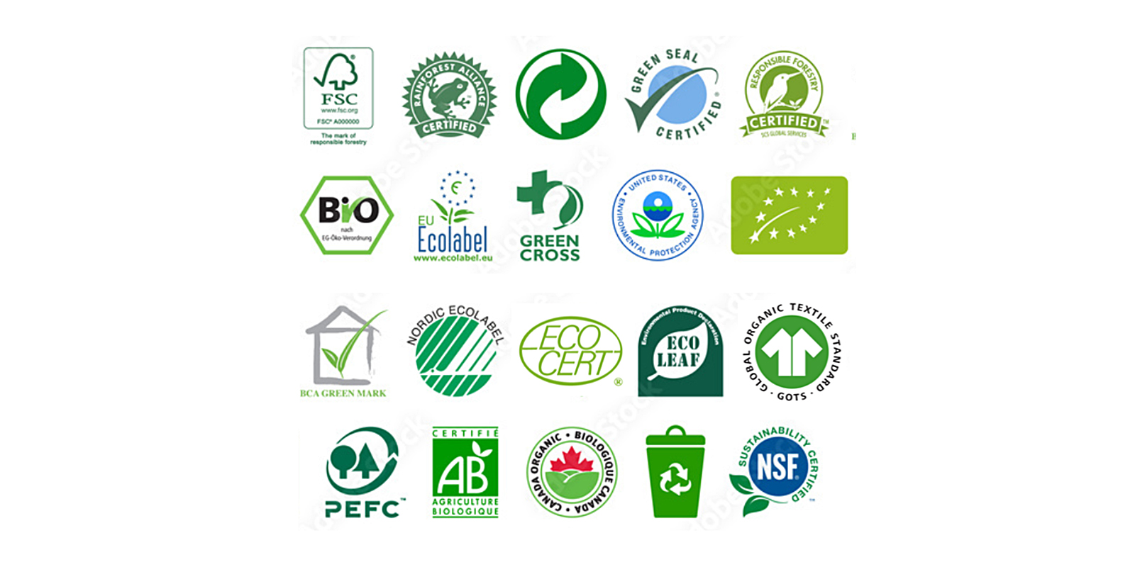 Varios símbolos de certificaciones que avalan el origen de fuentes renovables de los materiales utilizados para fabricar envases.