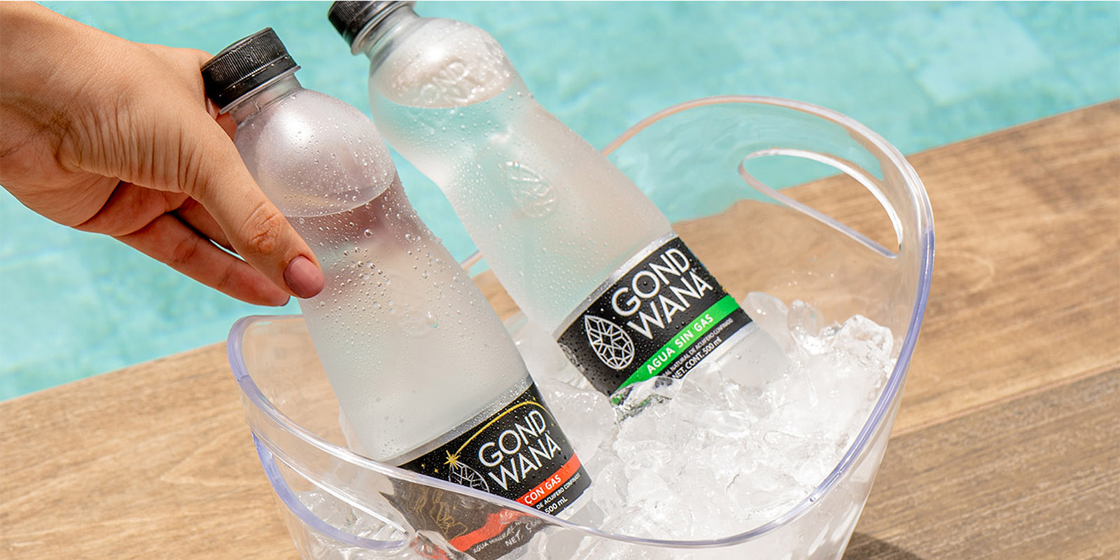 Dos botellas de agua mineral premium Gond Wana, colocadas en una hielera cerca de una piscina, diseño de packaging por Tridimage.