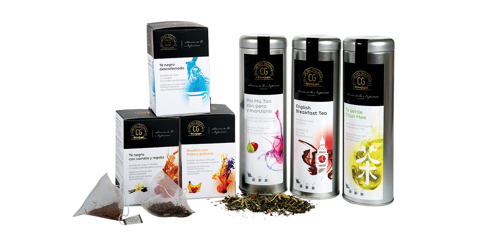 Club del Gourmet: Variedad de cajas de té en bolsas y en lata, diseño de Tridimage.