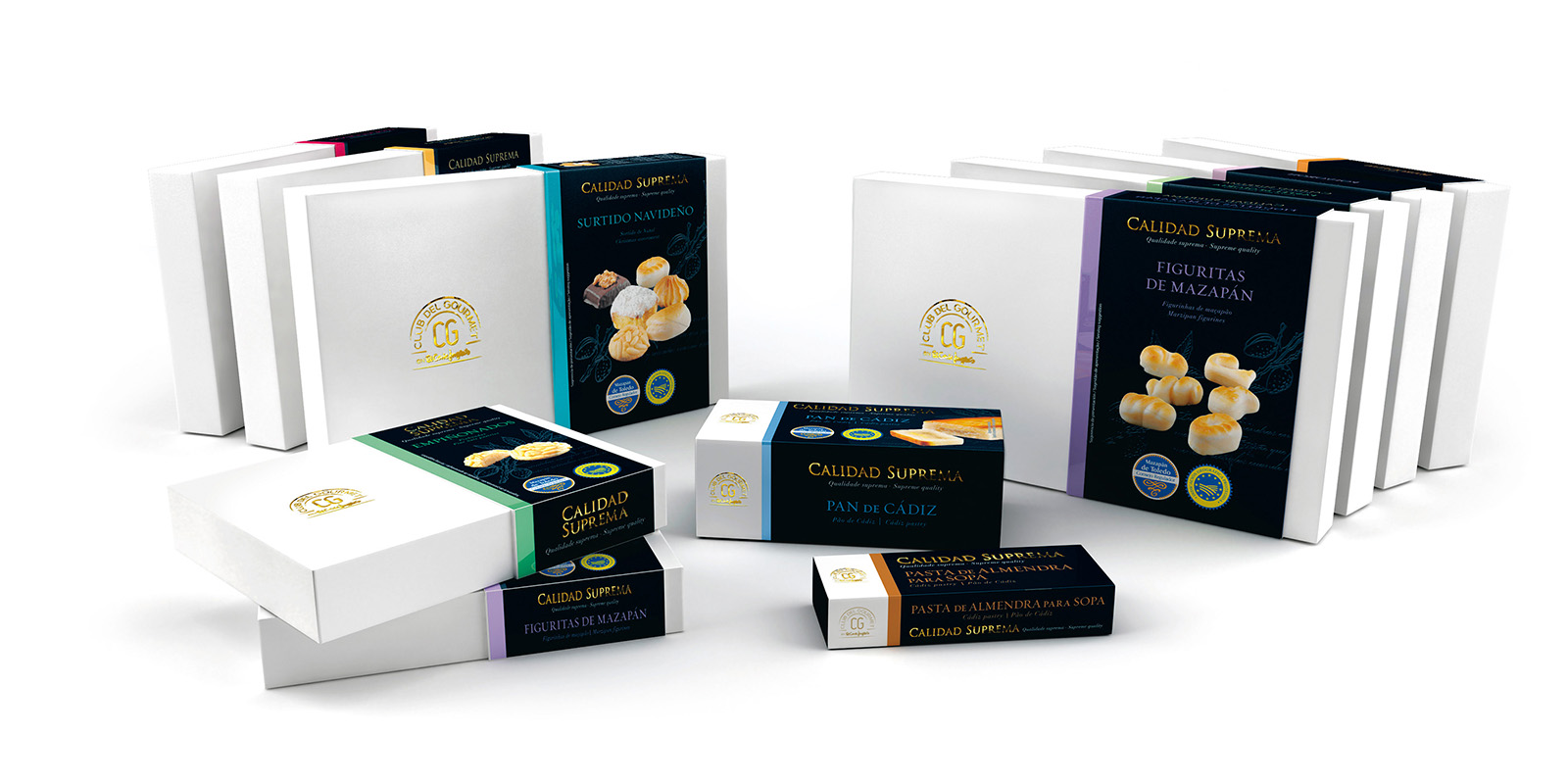 Club del Gourmet: Variedad de cajas de productos premium de mazapán, diseño de Tridimage.