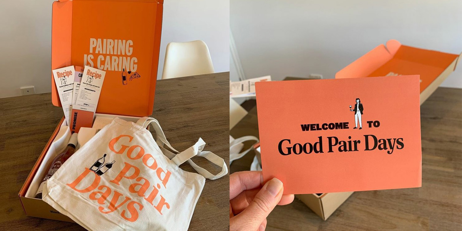 Caja de color naranja abierta con productos Good Pair Days abierta con el mensaje ‘PAIRING IS CARING’ en la tapa interior. Incluye una bolsa tipo tote beige, una botella de vino y dos tarjetas de recetas. Diseño colorido y creativo.