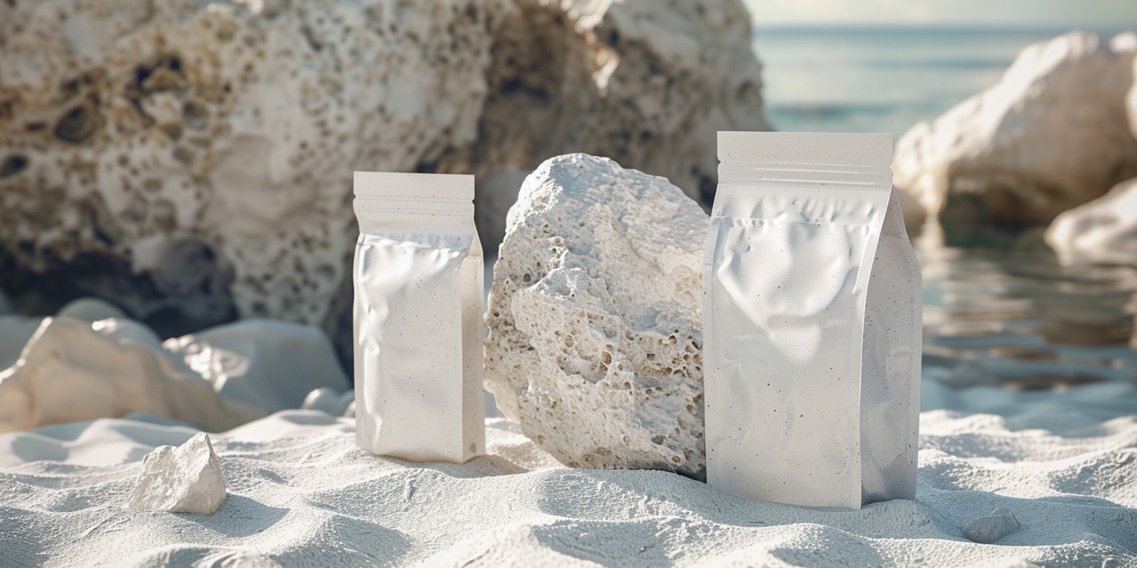 Dos envases doypack hechos de carbonato de calcio, colocados en un entorno de playa de piedra caliza.