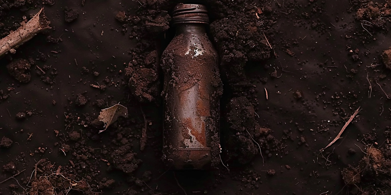 Una botella de plástico biodegradable depositada en la tierra que muestra una descomposición avanzada.