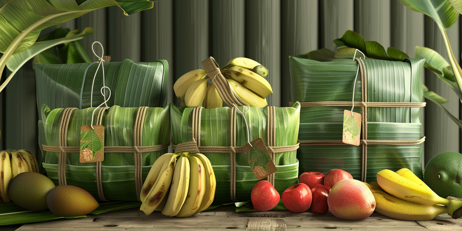Frutas empaquetadas con hojas de plátano, etiquetas de papel reciclado cuelgan de cada packaging.