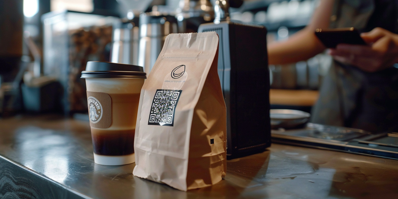 Un pack tipo doypack de café con un código QR en la etiqueta, al lado de un vaso de café para llevar, colocados sobre la barra de una cafetería sofisticada.