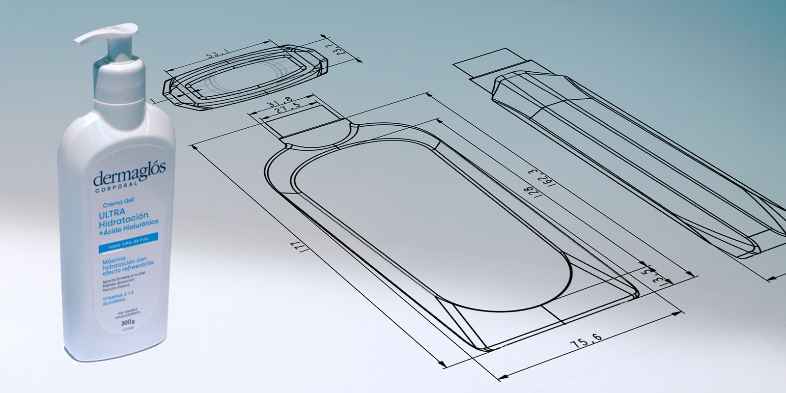 Botella de crema corporal Dermaglós, mostrando un diseño ergonómico con detalles técnicos y medidas en el plano de fondo. Diseño estructural por Tridimage.