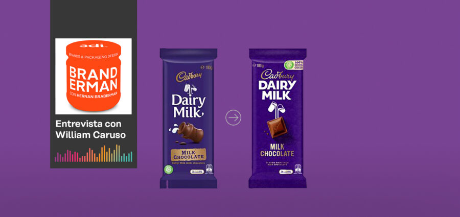 Banner de la entrevista a Will Caruso para el podcast Branderman. Antes y después del rediseño del clásico envoltorio color violeta del chocolate con leche marca Cadbury.