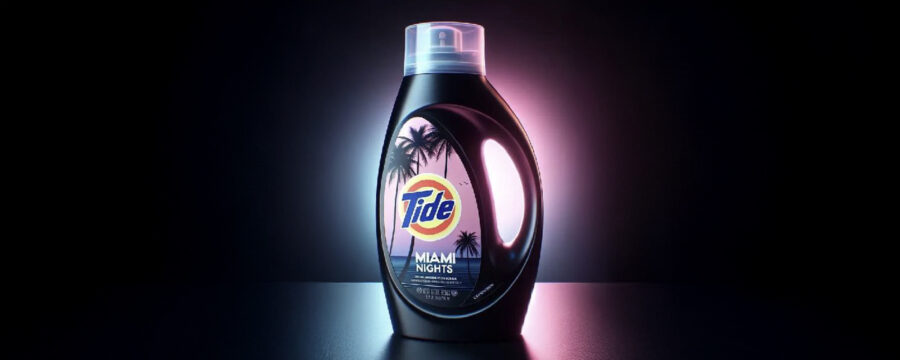 Botella color negro de detergente para la ropa Tide “Miami Nights” con estética tropical futurista, generada con IA.