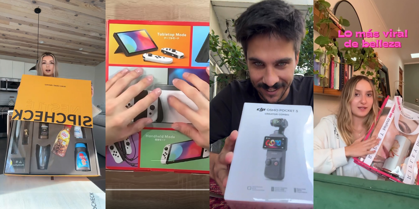 Collage de unboxing viral en redes sociales: varias personas grabándose mientras abren cajas con productos, mostrando empaques y primeras impresiones. La imagen refleja la tendencia del unboxing en plataformas digitales, donde consumidores comparten su experiencia con nuevos productos.