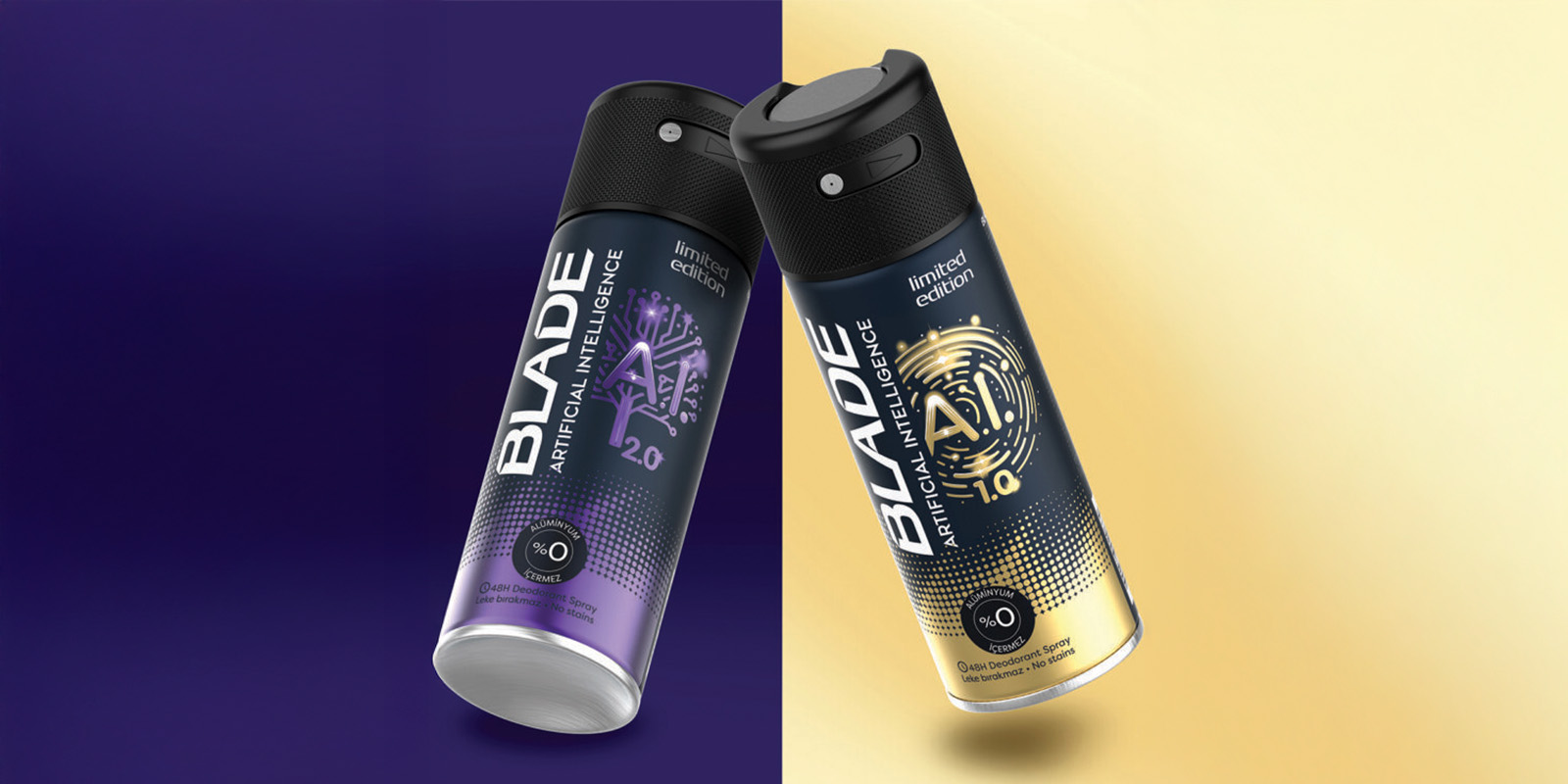 Dos envases de desodorante masculino Blade edición limitada, diseño inspirado en inteligencia artificial.