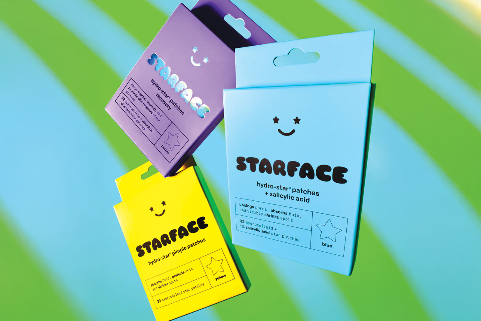 Diseño de packaging freak: El envase de los parches para granos Starface presenta un vibrante fondo de neón con motivos de estrellas y una cara sonriente minimalista, que transforma el tratamiento del acné en una autoexpresión festiva. La tipografía infantil y la atrevida elección de colores rechazan el estigma a través de un diseño alegre. Diseño de Someone & Others. 