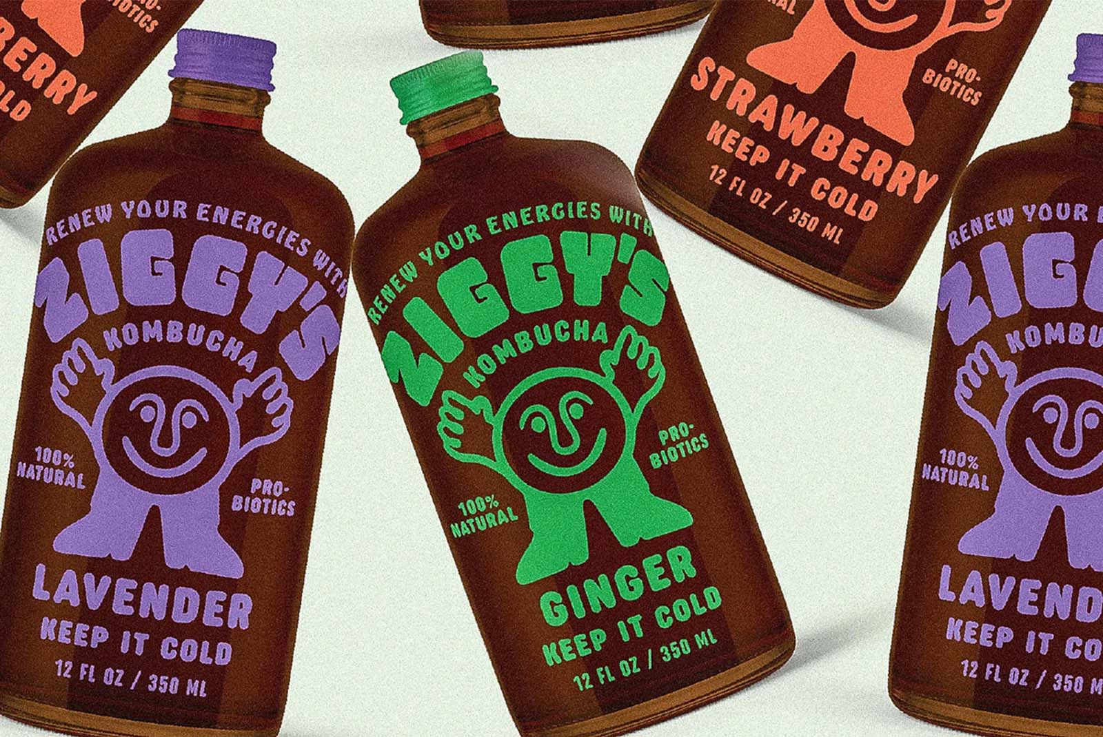 Diseño de packaging freak: las botellas de Ziggy's Kombucha presentan dibujos animados infantiles en vibrantes combinaciones de colores monocromáticos. La tipografía deliberadamente imperfecta y el estilo de ilustración rechazan la estética clínica del bienestar en favor de un conceptok lúdico y accesible. Diseñado por Office Hours.