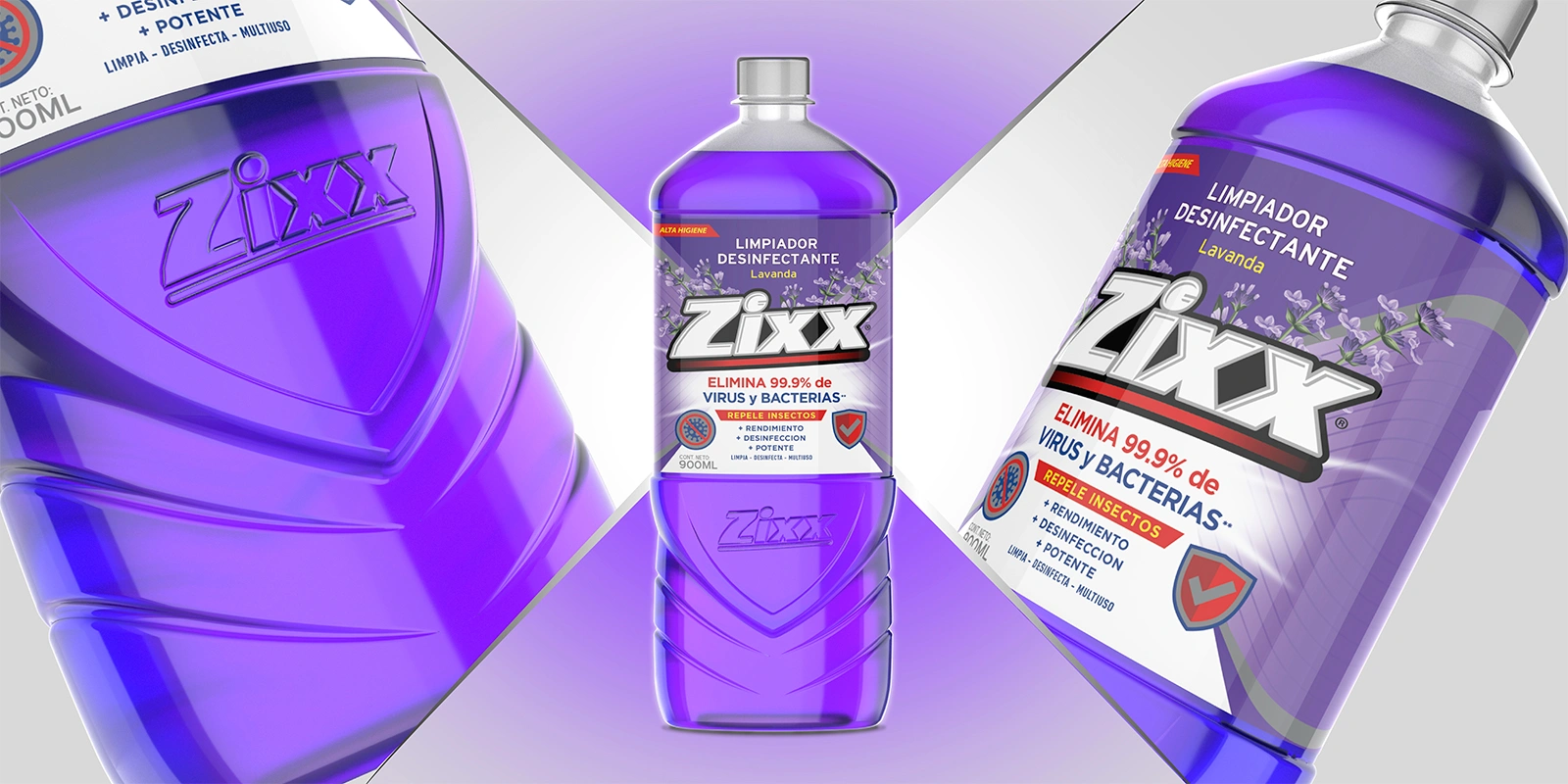 Diseño estructural de una botella de desinfectante para el hogar, con render 3D del envase “Zixx” a la izquierda y bocetos técnicos a la derecha. El envase presenta textura antideslizante, forma ergonómica, el detalle de un escudo y patrón en “V” para mejorar el agarre. Las anotaciones resaltan aspectos funcionales y estéticos que simbolizan protección y cuidado, integrando forma y propósito en el desarrollo del packaging. Diseño de Tridimage.