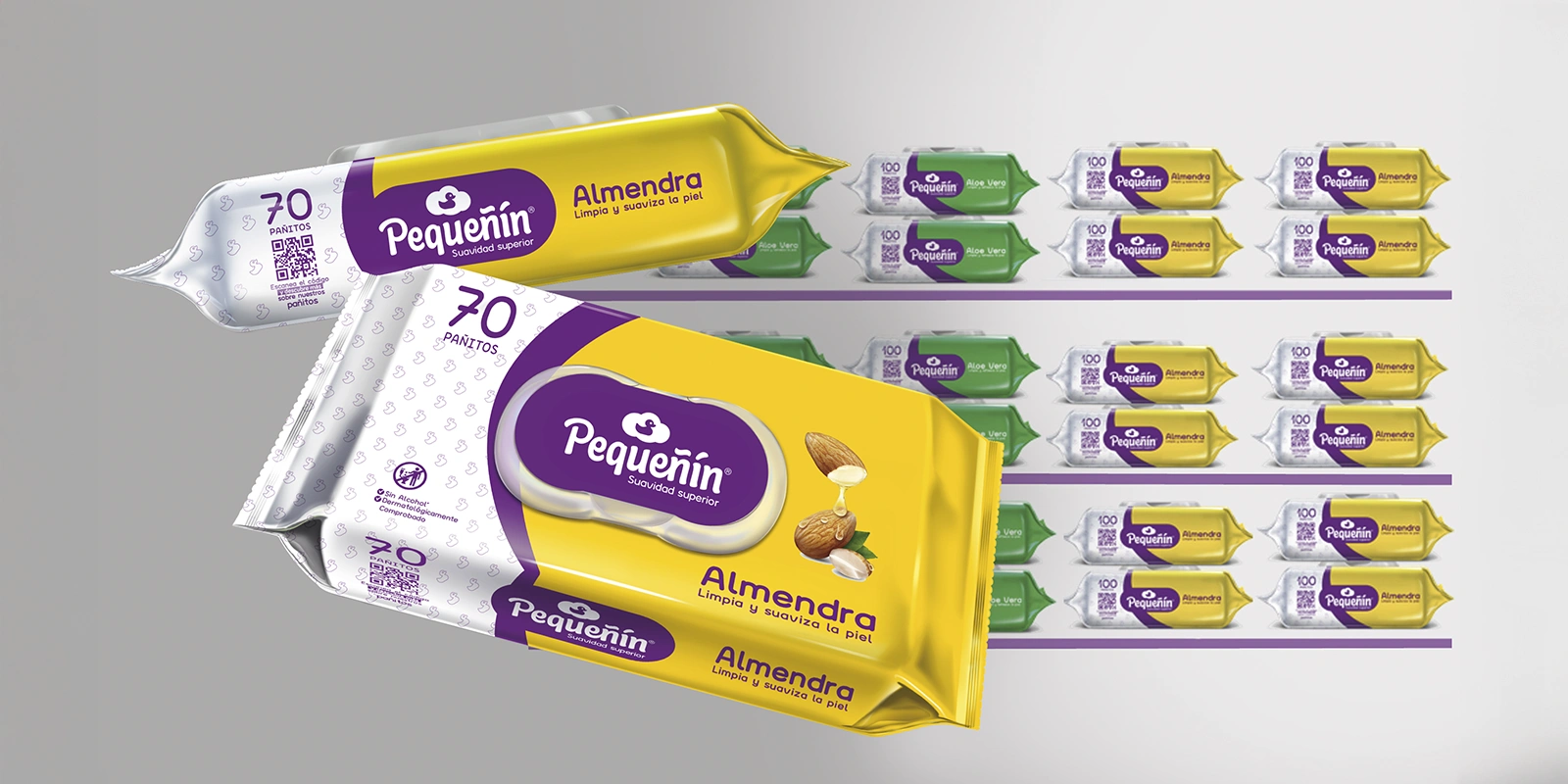Diagrama de paquetes de pañitos húmedos Pequeñín en góndola de supermercado, con foco en la variante “Almendra”. El diseño por Tridimage combina colores suaves y gráficos amigables que comunican cuidado, suavidad y variedad de opciones para el consumidor.