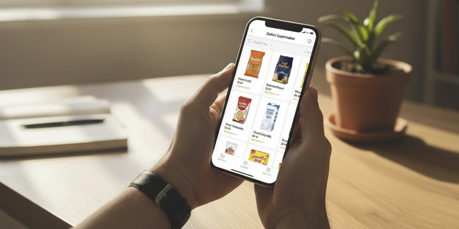 Persona usando un smartphone para hacer compras en una app de supermercado online. La pantalla muestra productos como jugo, arroz, cereales y leche, con imágenes, precios y marcas visibles.