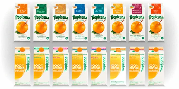 Comparación de diseño de envases de jugo Tropicana, mostrando la línea clásica y una versión más moderna de las cajas de cartón.