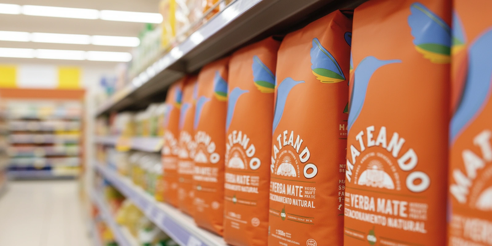 Perspectiva de las bolsas de yerba mate Mateando naranjas destacándose en la estantería del supermercado.