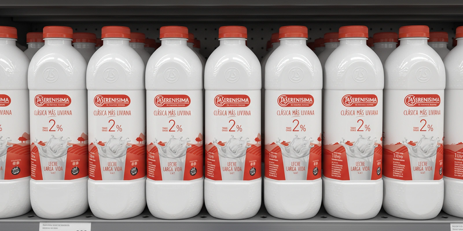 Nuevas botellas de leche La Serenísima Clásica Liviana exhibidas en la góndola del supermercado. Diseño estructural por Tridimage.