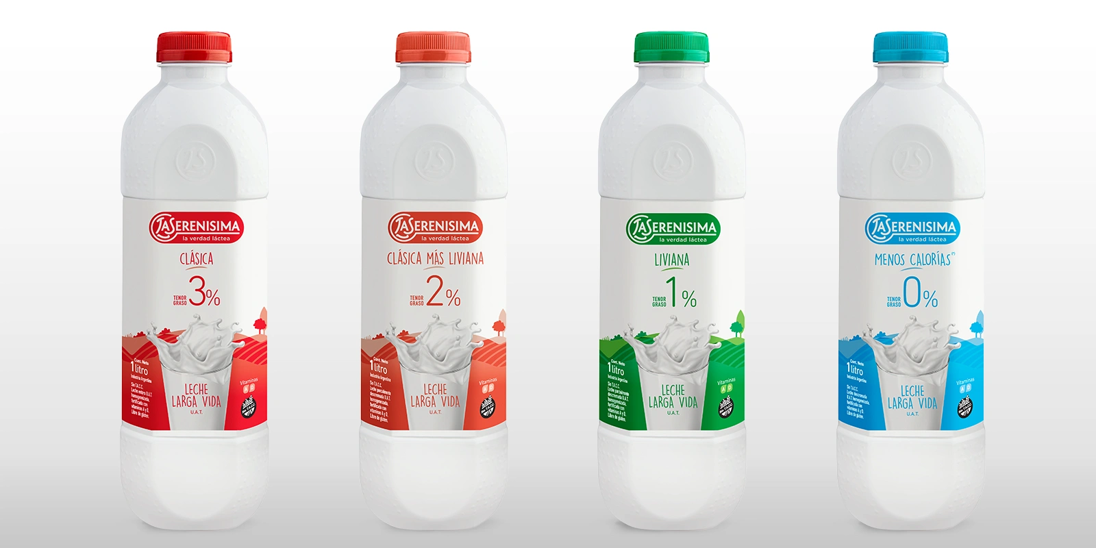 Gama completa de leches La Serenísima rediseñadas, diferenciadas por tapas y etiquetas de color. Diseño estructural por Tridimage.