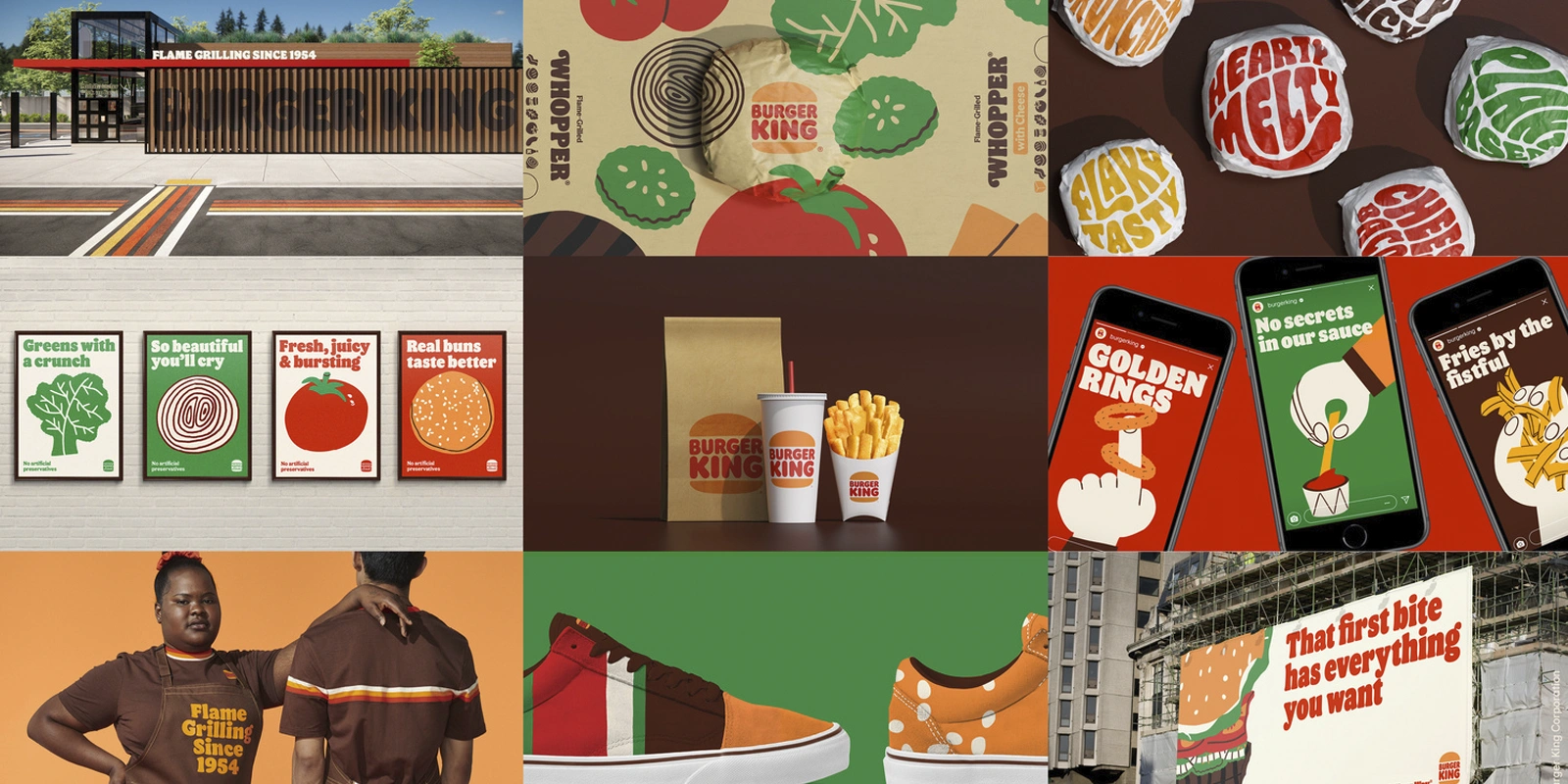 Rediseño de packaging Burger King, estilo plano y colores cálidos. Branding retro y minimalista para fast food.