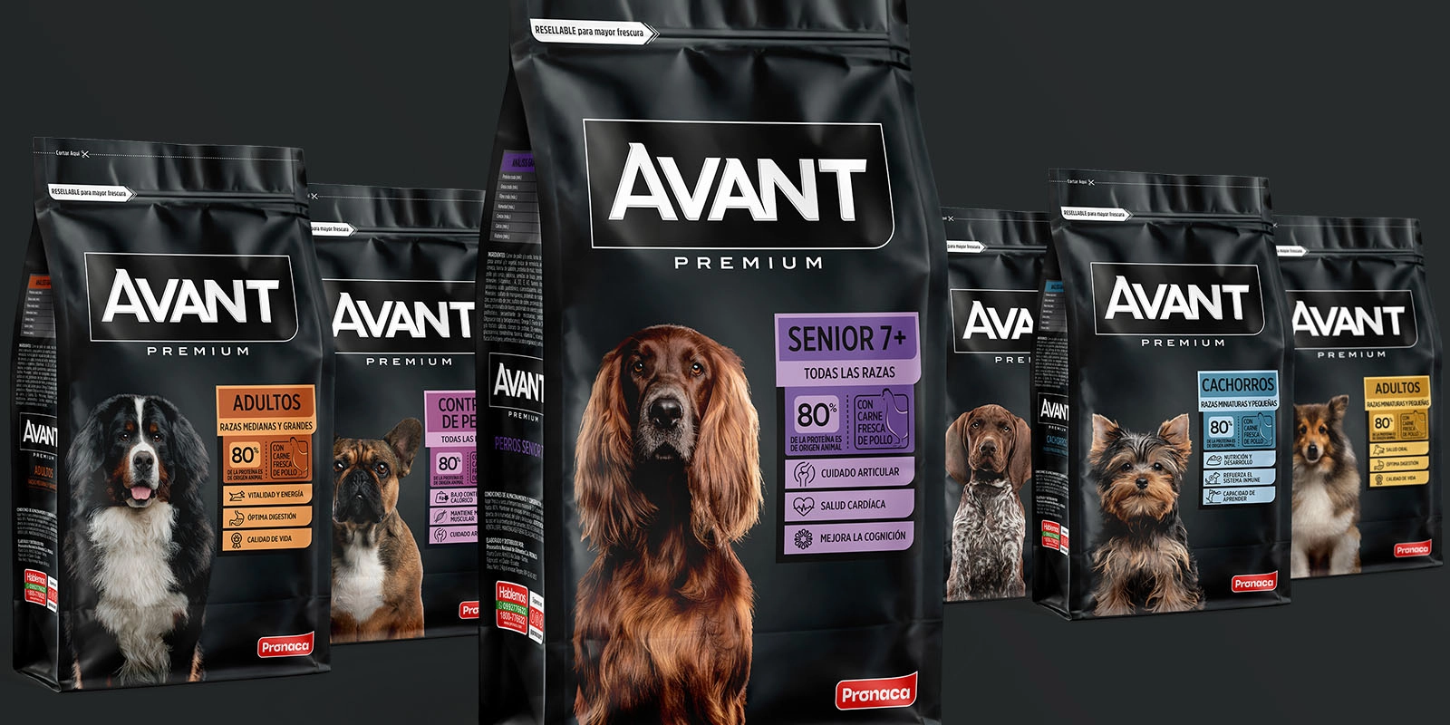 Línea Avant Premium Pronaca : Variedad de empaques Avant Premium para distintas etapas de vida y tamaños de razas de perros.