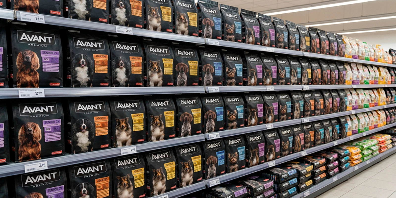 Góndola Avant Pronaca : Exhibición comercial de la línea completa de productos Avant en estanterías de supermercado o retail.